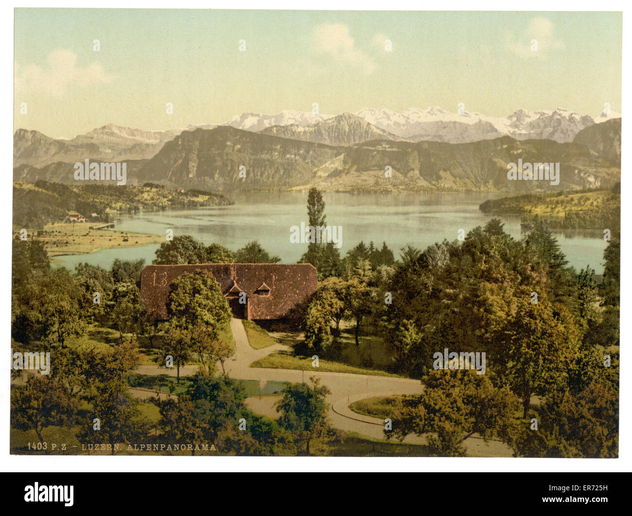 Vista del sur de la cadena de los Alpes, con el Titlis desde Drei Linden, Lucerna, Suiza. Fecha entre ca. 1890 y ca. 1900. Foto de stock