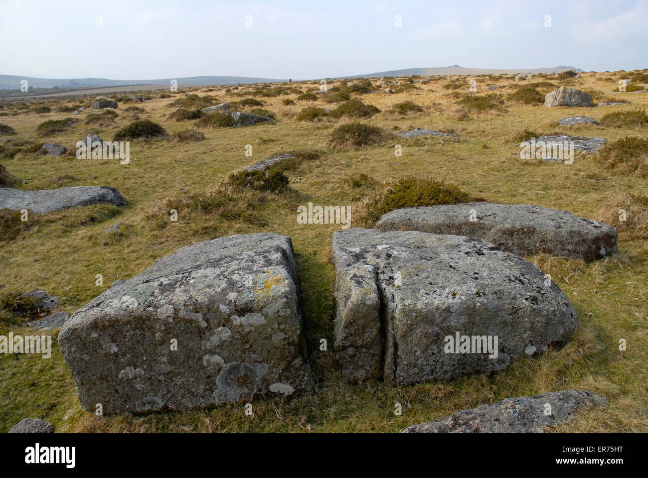 Granito erosionado en un paisaje vacío, el parque nacional de Dartmoor, Devon, Inglaterra Foto de stock
