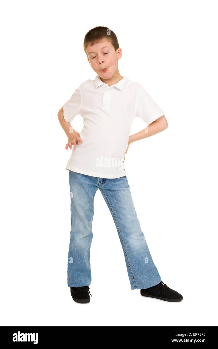 Boy gesticulaciones sobre blanco Foto de stock