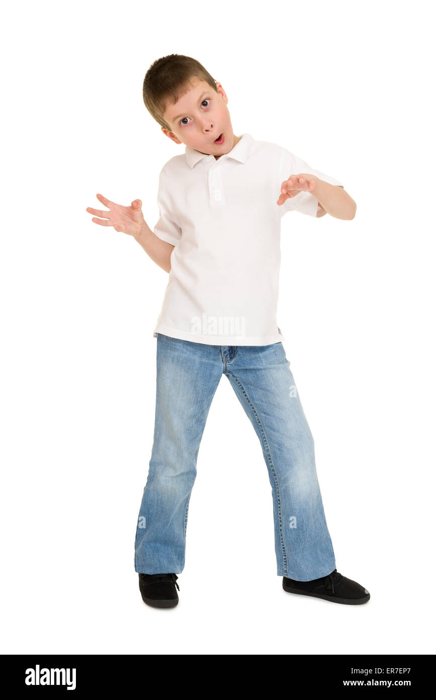 Boy gesticulaciones sobre blanco Foto de stock
