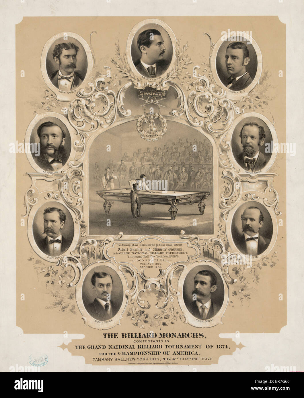 Los monarcas de billar, los concursantes en el Torneo de Billar grand national de 1874, por el campeonato de los Estados Unidos. Fecha c1875. Foto de stock