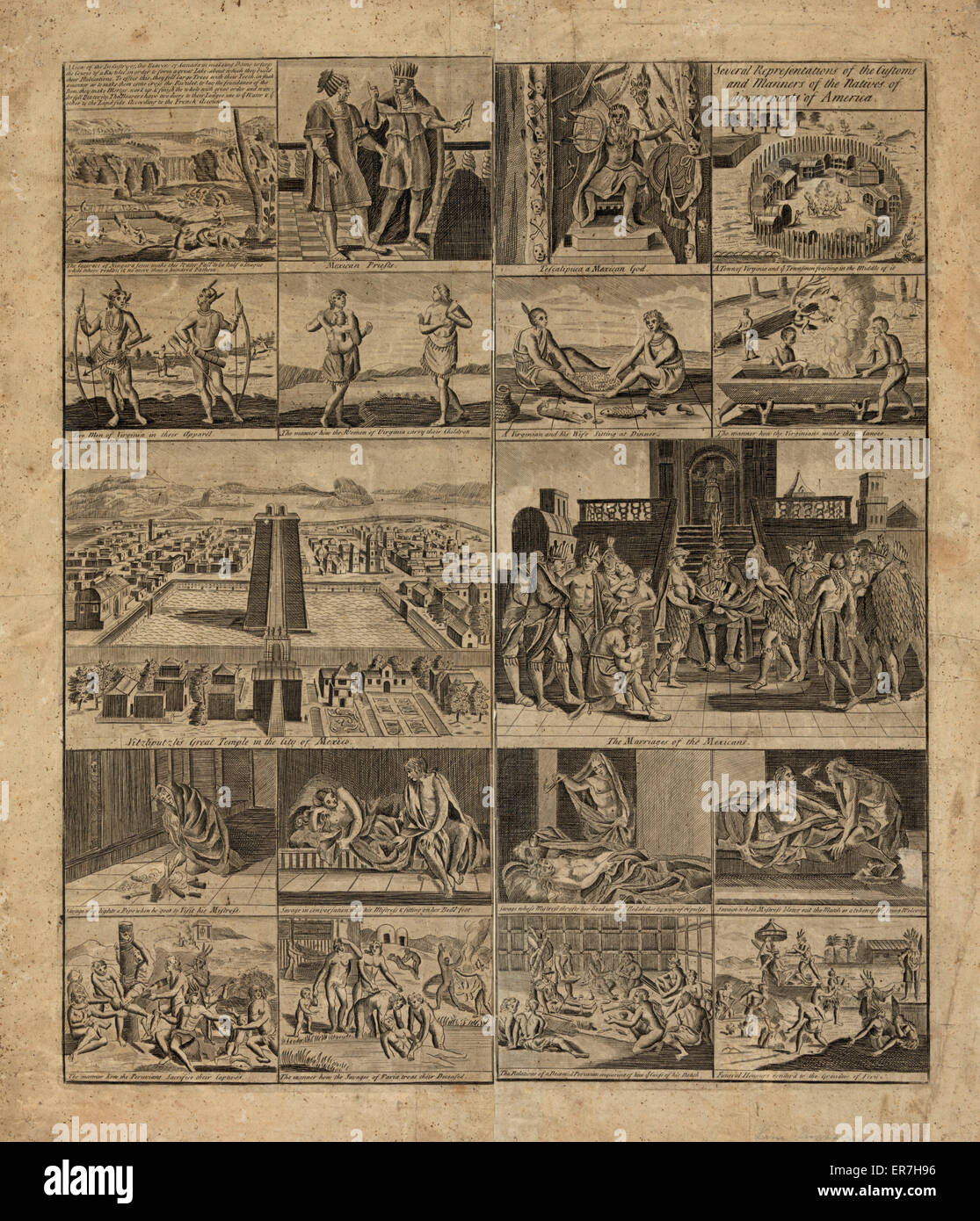 Varias representaciones de las costumbres de los nativos de buceadores partes de América. Foto de stock