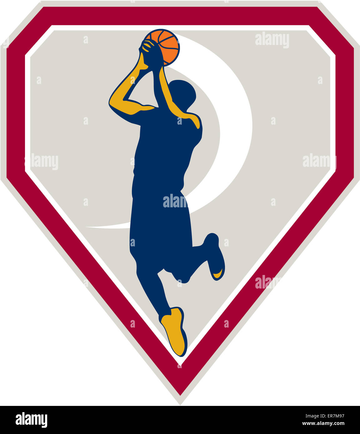 Ilustración de un jugador de baloncesto tiro disparo puente saltando dentro de Crest escudo sobre fondo aislado de este estilo retro. Foto de stock