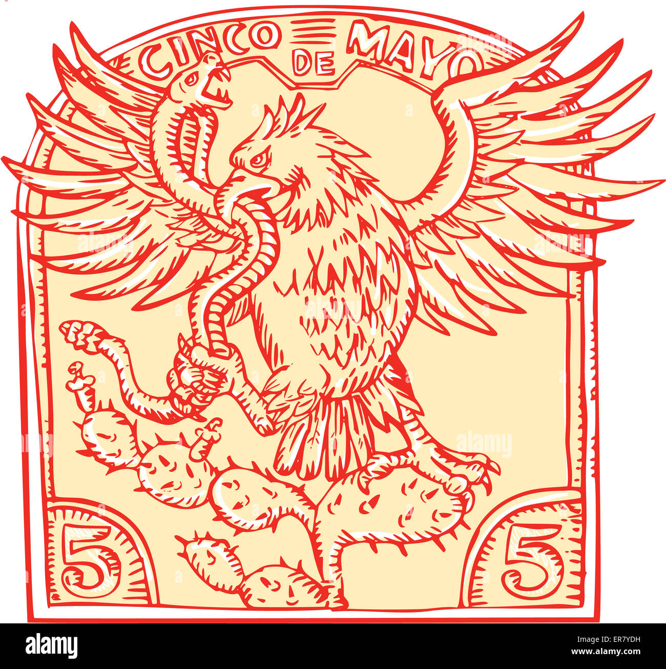 Aguafuerte grabado estilo artesanal mexicano ilustración de un águila  devorando una serpiente traqueteo donde se posan sobre el nopal dentro de  cresta invertida con palabras el Cinco de Mayo Fotografía de stock -
