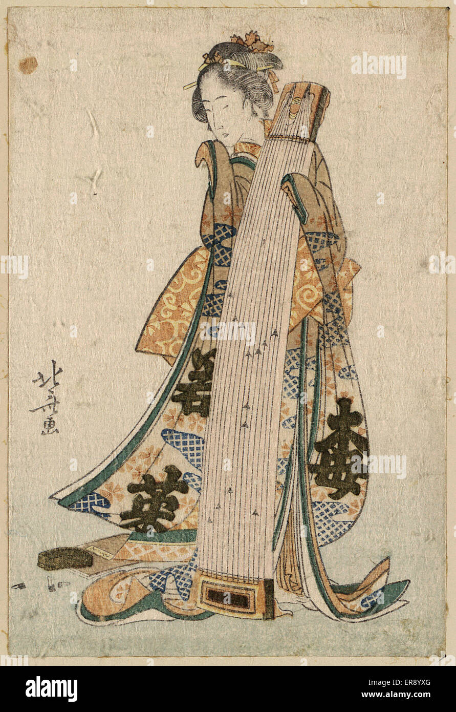 Joven doncella sosteniendo una cítara (Koto). Imprimir muestra a una mujer de pie, sosteniendo un koto. Fecha ca. 1800. Foto de stock
