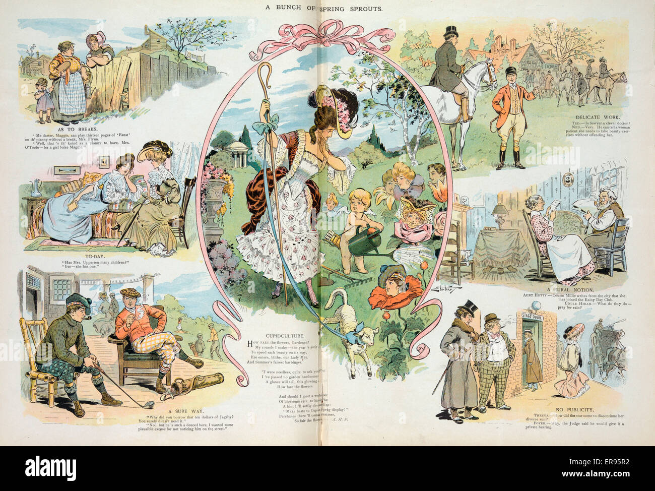 Un Monton De Brotes De Primavera La Ilustracion Muestra Una Vineta Con Dibujos Animados Al Centro Un Joven Pidiendo Cupido Sobre Su Jardin De Flores Donde Todas Las Flores Tiene Rostros Masculinos