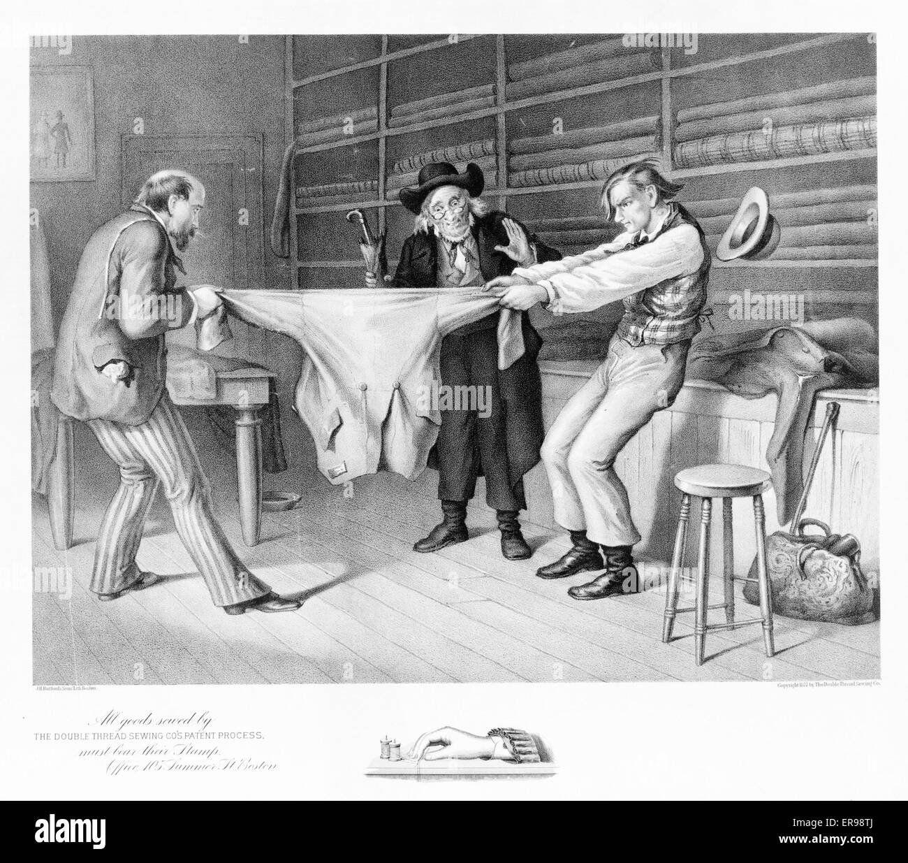 Todos los productos cosidos por el hilo doble costura Co's. proceso de patente debe tener su sello. Fecha c1877. Foto de stock