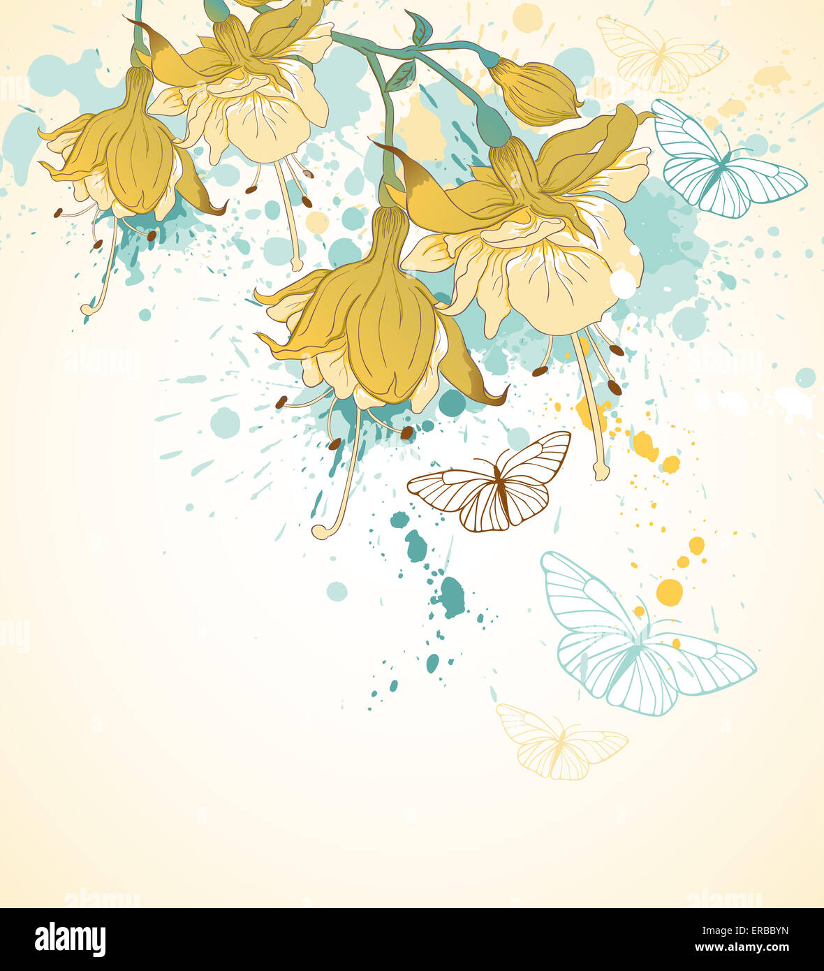 Fondo decorativo con flores y mariposas amarilla Foto de stock