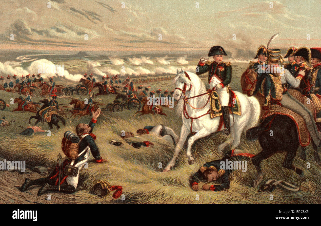 El 5 de julio de 1809 Napoleón en caballo blanco en la batalla de Wagram una crucial victoria francesa contra fuerzas austríacas británico Foto de stock