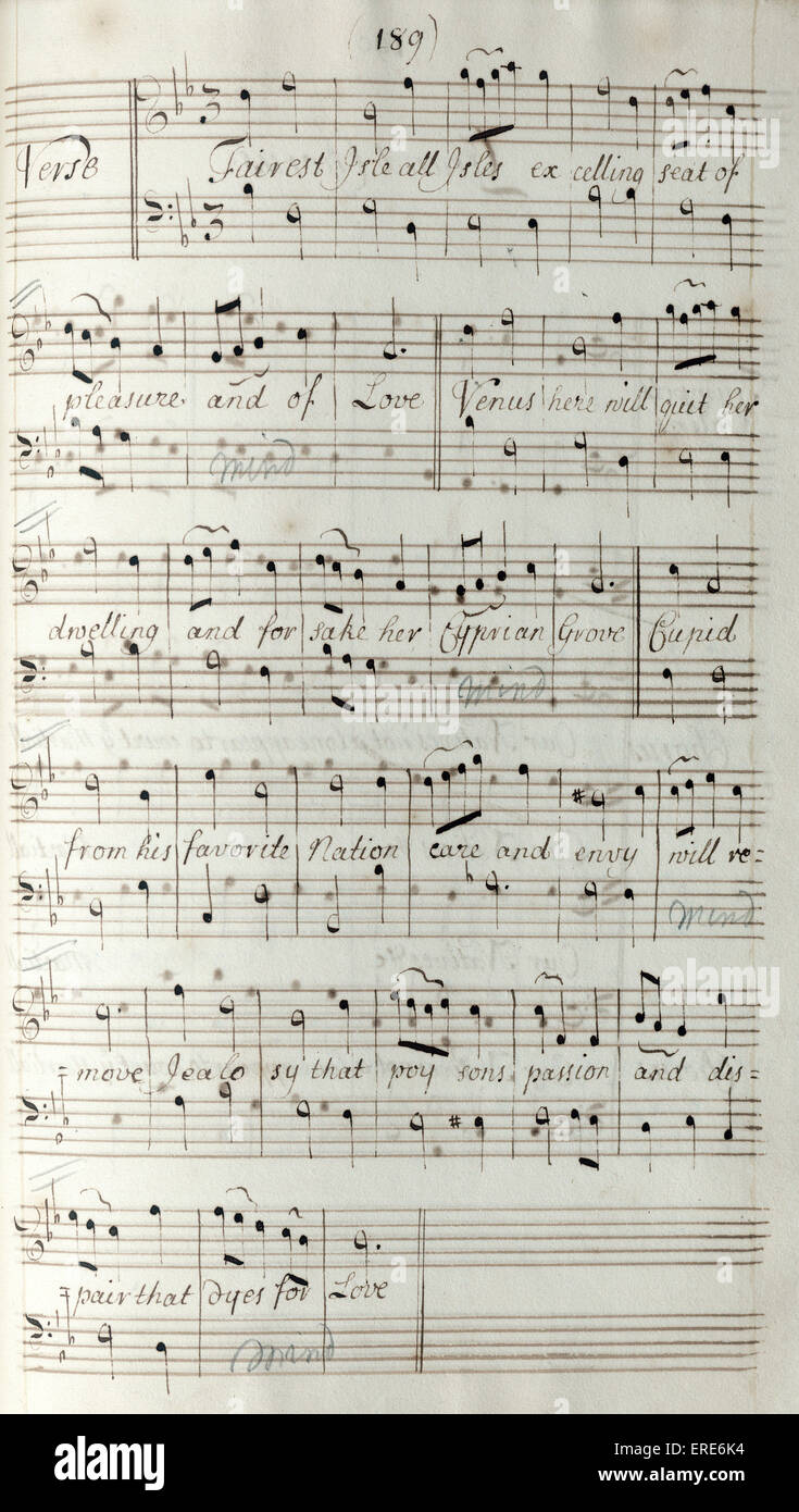 King Arthur puntuación del manuscrito, de Henry Purcell 'Isla hermoso'. Desde la Real Academia de la colección de música. Compositor Inglés Foto de stock