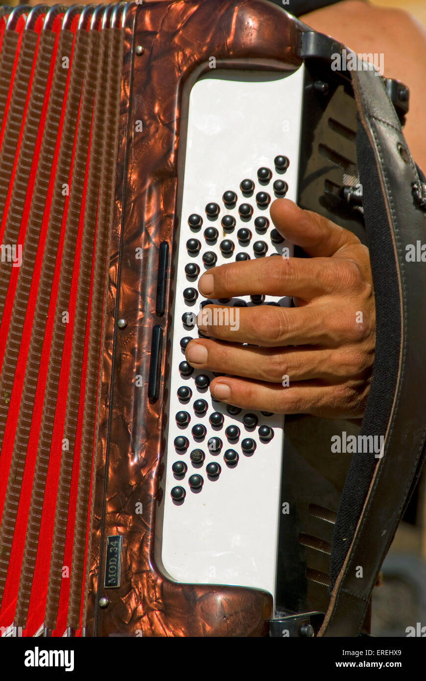Cerca de la mano izquierda del acordeonista, en botones de acordeón de  piano Fotografía de stock - Alamy