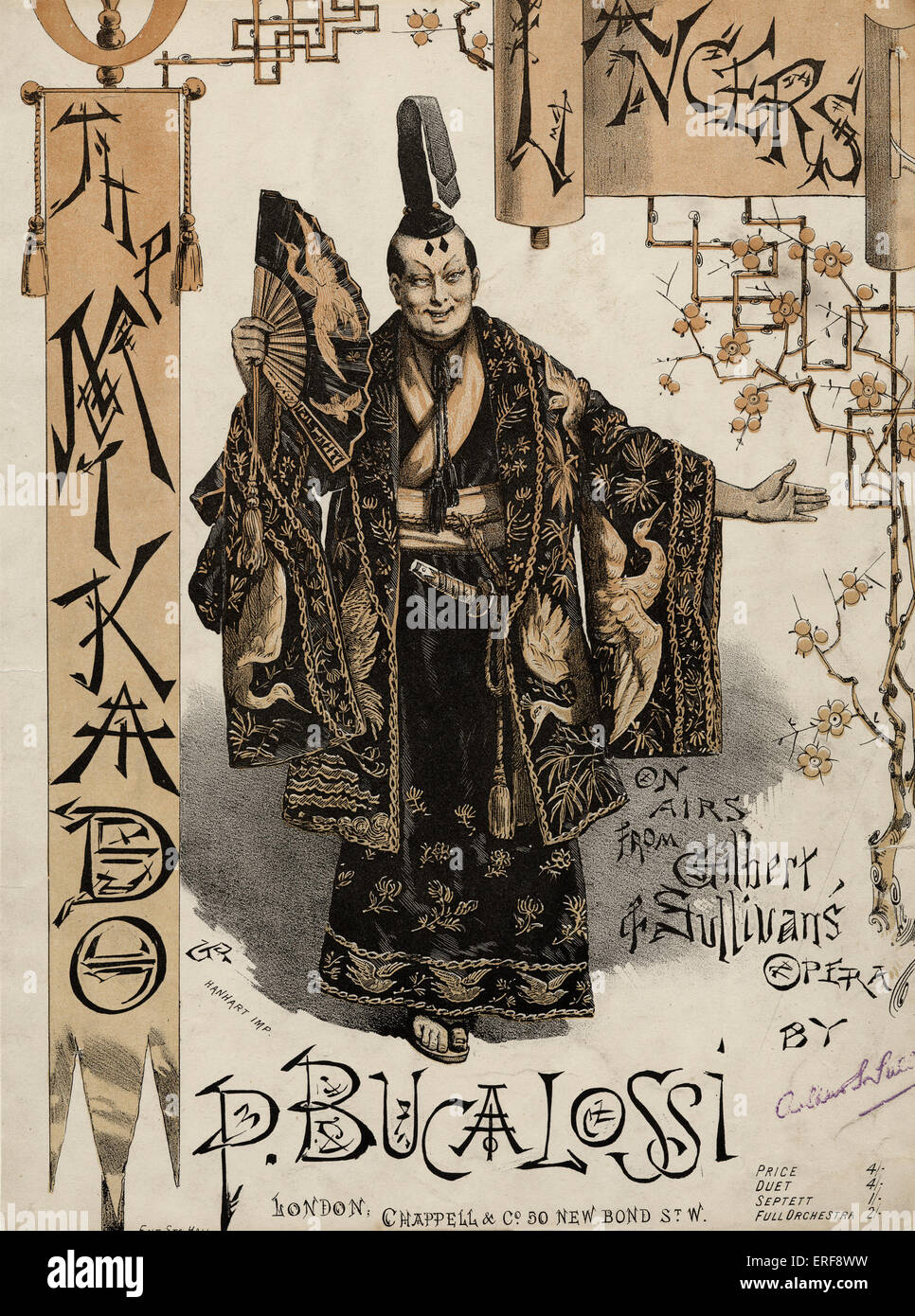 GILBERT & SULLIVAN - MIKADO 1885 Cubierta de puntuación de ritmos de la Mikado, organizado por la P. BUCALOSSI. Hombre japonés manteniendo el ventilador Foto de stock