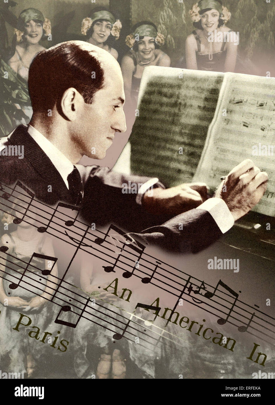 George Gershwin al piano. El compositor y pianista estadounidense; 1898-1937 con el scorecover de Porgy and Bess, escrito por Gershwin, Foto de stock