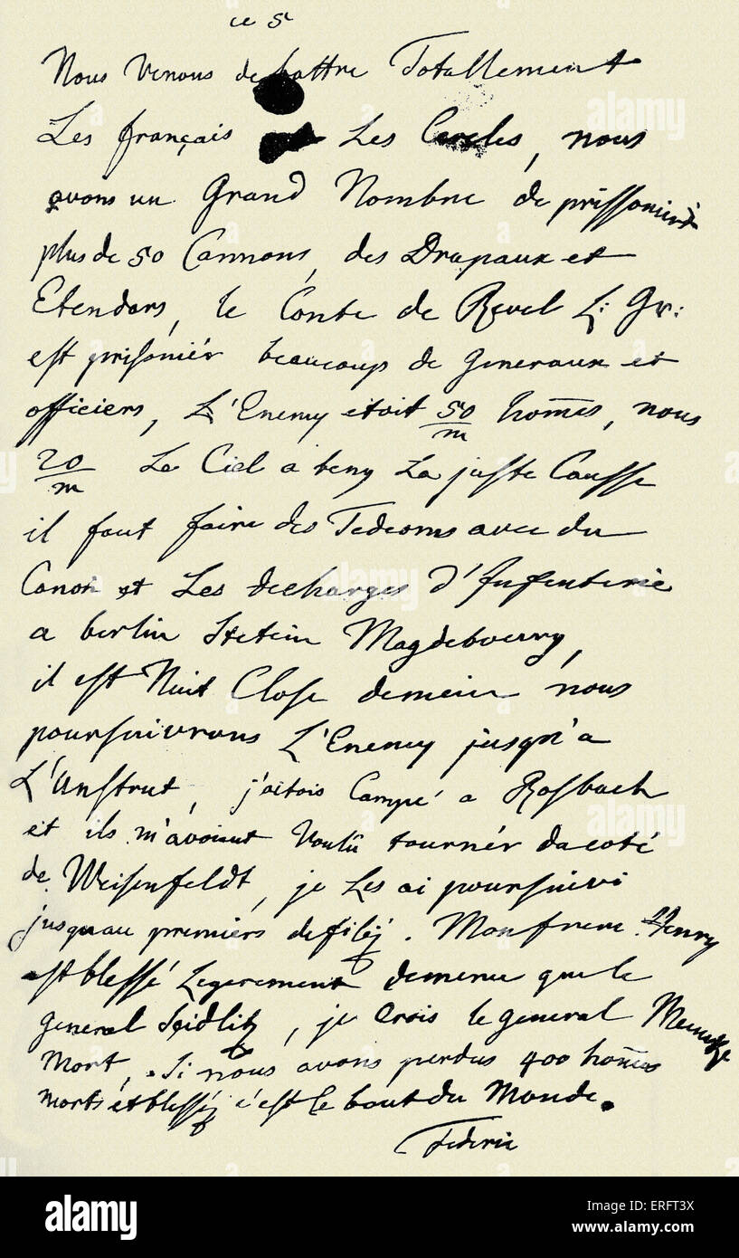 Carta manuscrita de Federico el Grande para el Duque de Braunschweig-Bevern sobre la batalla de Rossbach. Esta batalla tuvo Foto de stock