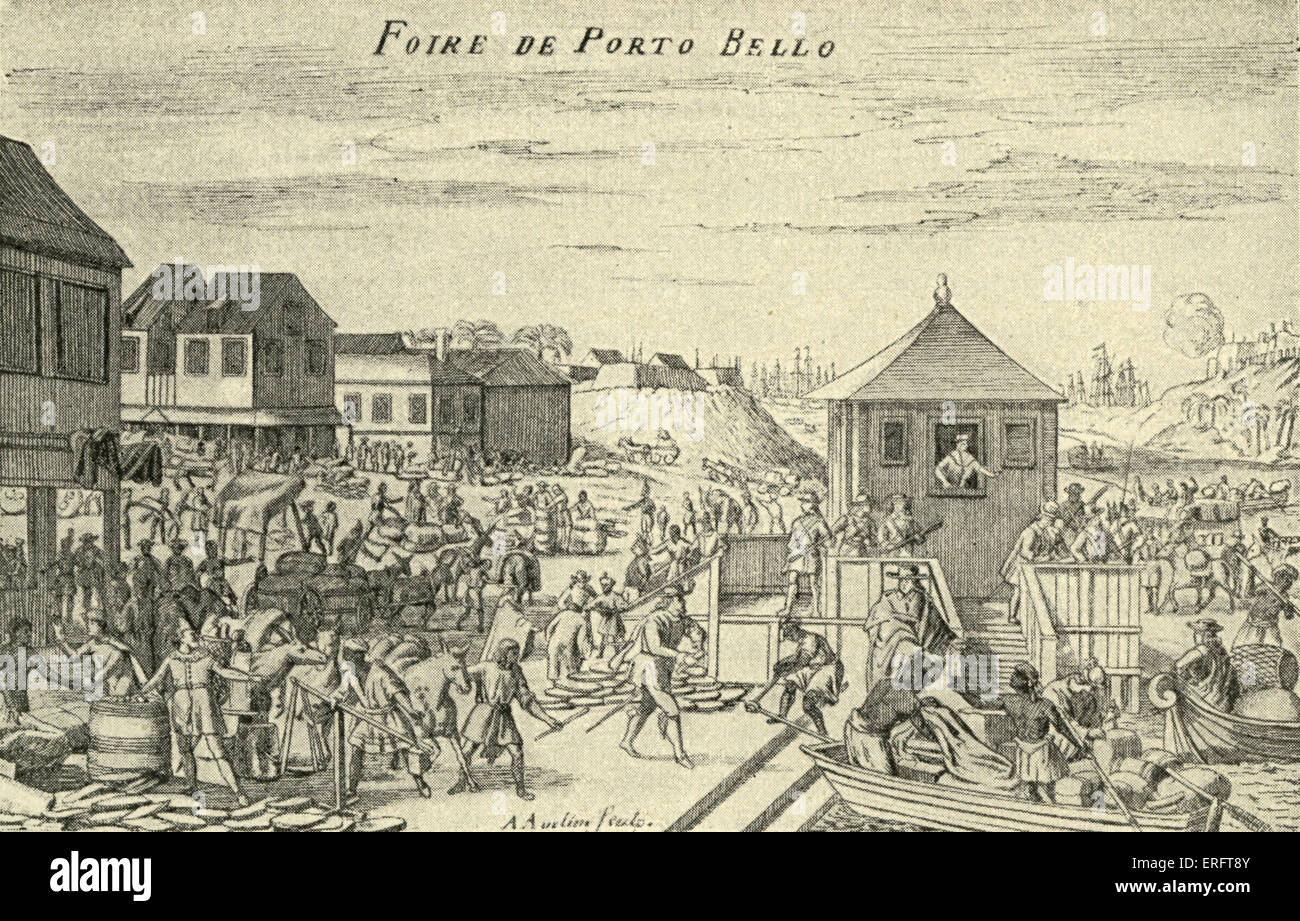 Feria de Portobelo, Panamá grabado por A. Aveline, c. 1720