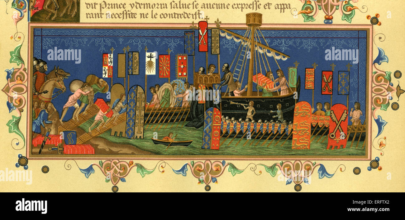 Partiendo de las Cruzadas en Tierra Santa. Manuscrito iluminado mostrando el ejército francés a caballo y carga de consumibles en Foto de stock