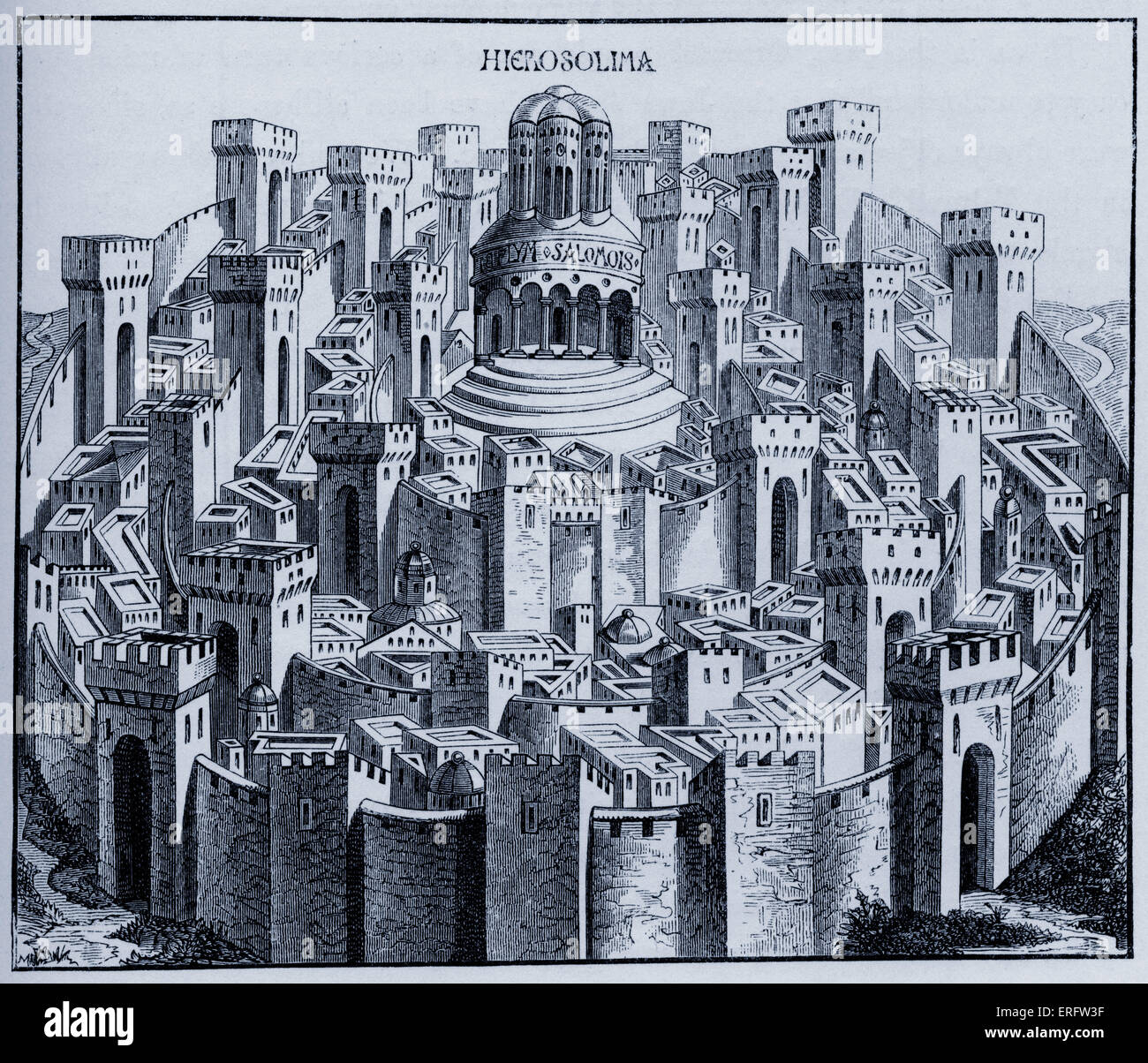Plan medieval de Jerusalén. Desde una xilografía en el 'Liber chronicarum mundi". Folio 1493 de Nuremberg. Foto de stock