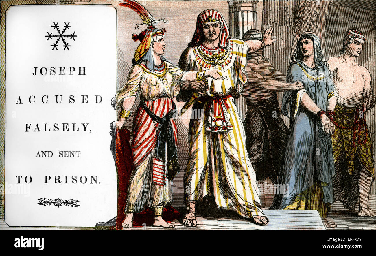Génesis 39: Joseph acusado (falsamente por la esposa de su maestro en Egipto) y enviado a prisión. Historias de la Biblia en la época victoriana en Foto de stock