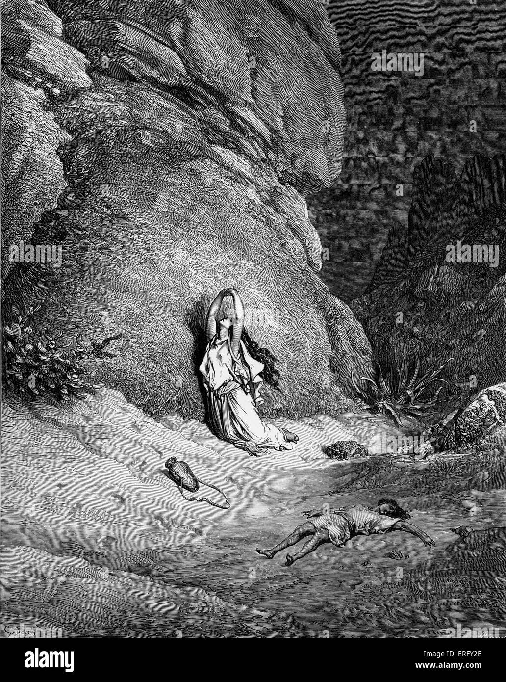 Agar e Ismael, grabado por Doré. Hagar, Abraham 's siervo Egipcio, ha sido echado fuera en el desierto cerca de Beersheba Foto de stock