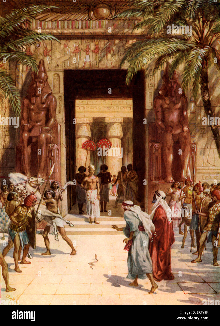 Moisés y Aarón de delante de Faraón - Aaron hace girar su vara en una serpiente. Éxodo 7:10 Y Moisés y Aarón á Faraón, Foto de stock