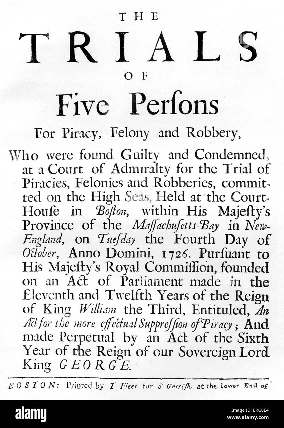 "Los juicios de cinco personas por piratería, el hurto y el robo", título de página de cuentas de prueba que se celebró en Boston, Massachusetts en Foto de stock