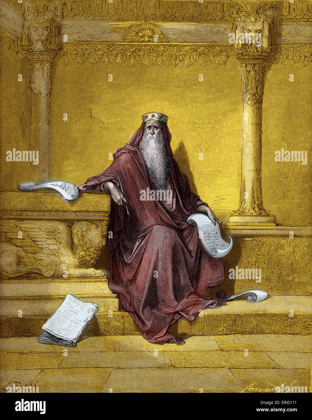 El rey Salomón. Escrito proverbios. Grabado de Gustave Doré (1832 - 1883).  Proverbios 1: 1- 4 . 