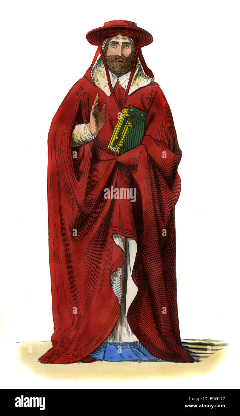 El cardenal - trajes masculinos italiano del siglo xv vestidos de rojo escarlata hat y batas en una sotana, y mantiene un filo dorado de la oración Foto de stock