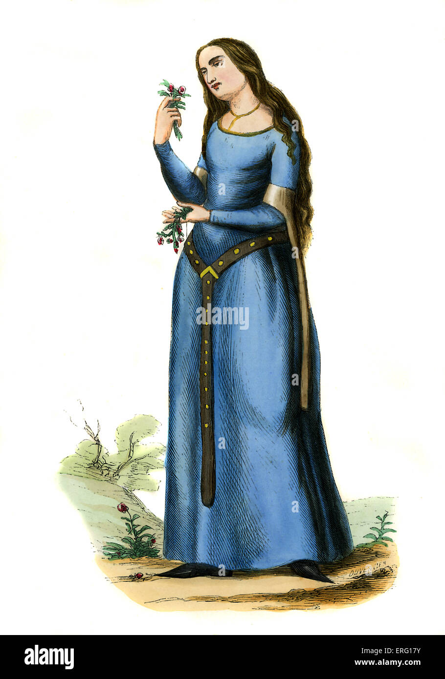 Dama - traje del siglo XIII, se muestra vistiendo un vestido azul con  mangas de codo y una correa colgante. b. c. 1847 pintado a mano, copia del siglo  XIII Le Roman