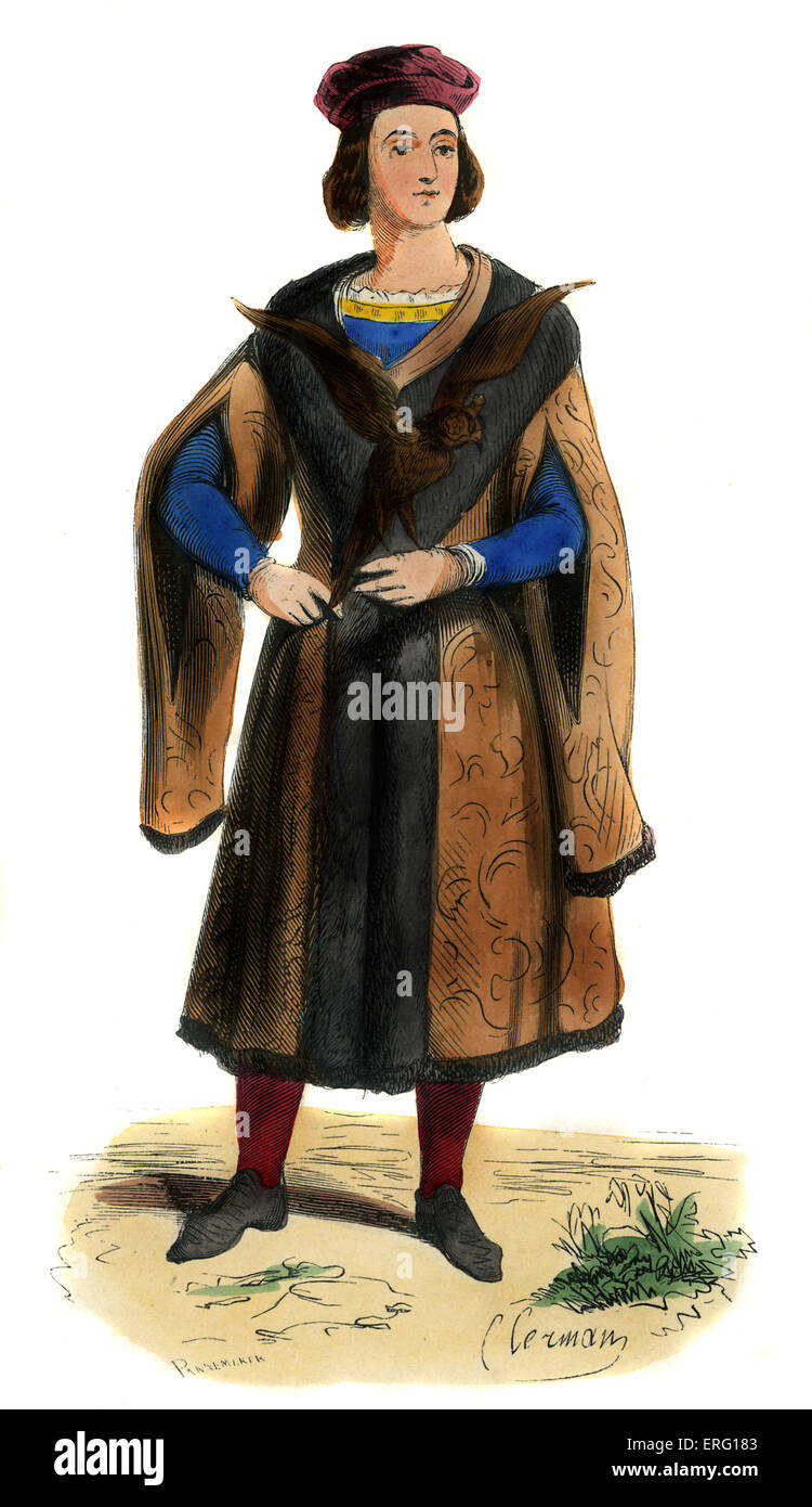 Luis IX, Rey de Francia, luciendo sombrero de terciopelo, piel marrón revestidos de túnica con mangas de hendidura, un halcón se posa en su mano izquierda. 25 Foto de stock