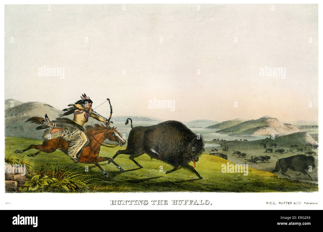 Los Indios Americanos la caza de búfalos en las grandes llanuras con arcos y flechas. Salvaje Oeste. Paisaje americano. Foto de stock