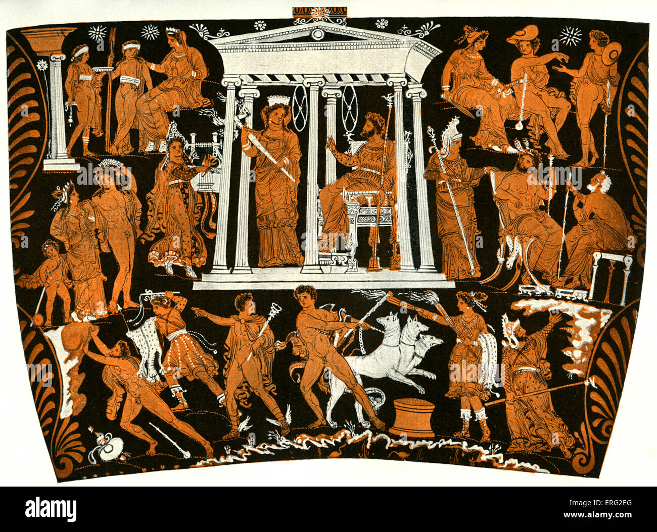 Figura Roja Griega Tarantine jarrón mostrando el inframundo. Hades y  Perséfone celebrar audiencias en el centro con un juez de Aeacus Fotografía  de stock - Alamy