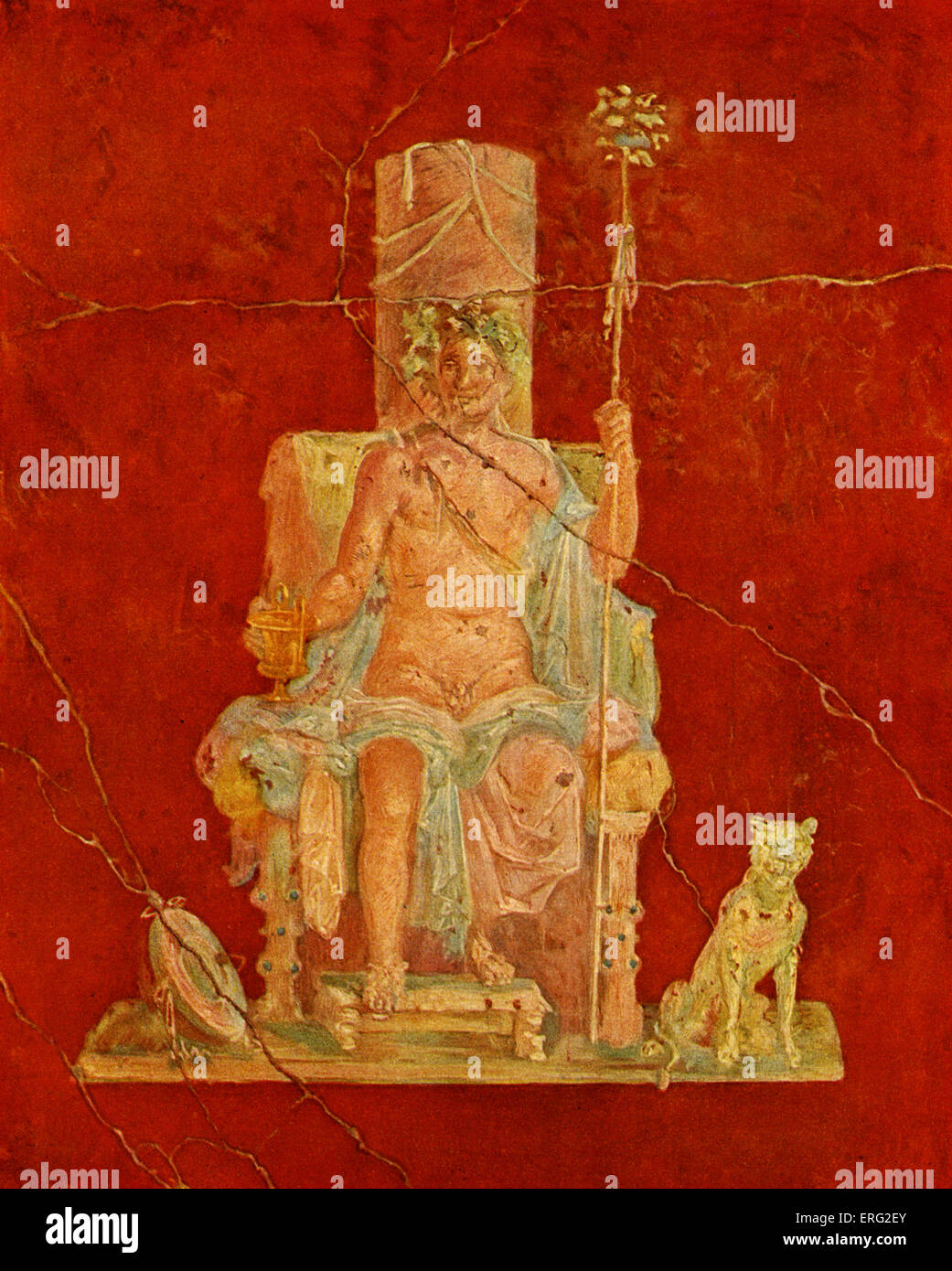 Dionysus sentado en un trono. Fresco en una casa de Pompeya. Foto de stock
