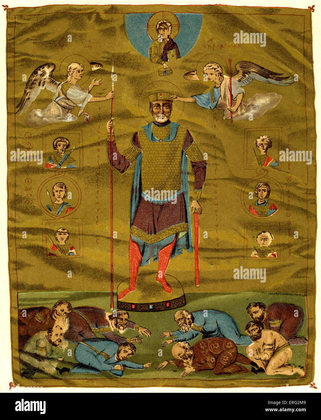 El emperador Basileios II, el Asesino búlgaro, rodeado por los generales y figuras arqueadas hacia abajo. Basileios II emperador de la Foto de stock