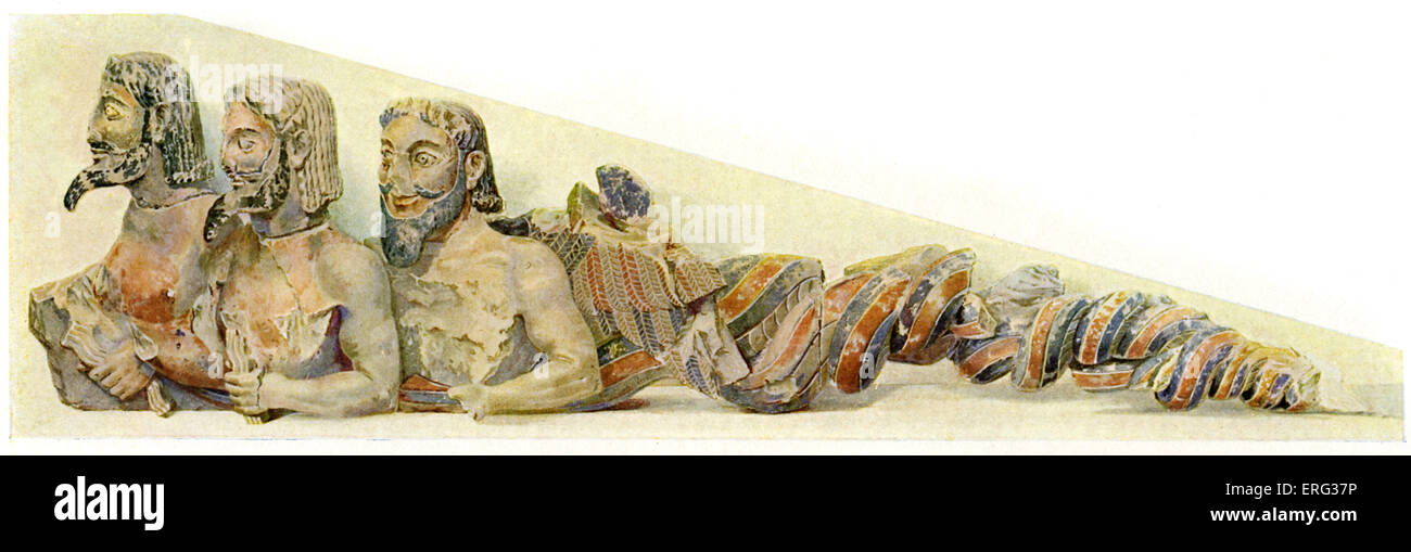 El monstruo tifón. Niño de tres cuerpos de Gaia y el tártaro encarcelado por Zeus bajo el Monte Etna. Pintado de colores vivos la escultura de la Acrópolis en Atenas, Grecia. Foto de stock