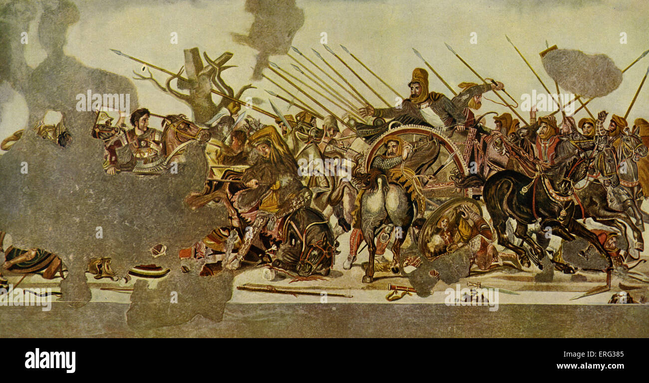 Mosaico de Pompeya. El sacrificio en Issos - la primera batalla campal entre Alejandro Magno de Macedonia y de Darío III de Persia en el año 333 A.C. Alexander el gran estadista macedonio y comandante militar de 20 de julio de 356 A.C. - 10 de junio de 323 B.C.E.; Darío III, último rey persa de la dinastía aqueménida 380 A.C. - 330 A.C. Foto de stock