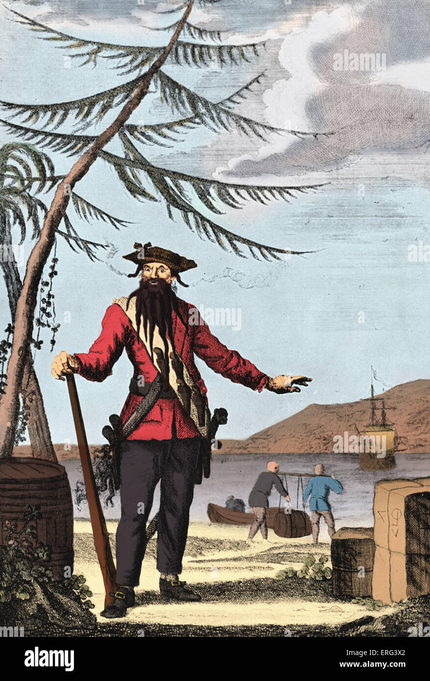 El capitán Edward Teach, (Blackbeard), grabado. Retrato de Edward Teach (paja, nacido Edward Drummond), comúnmente conocido como Foto de stock