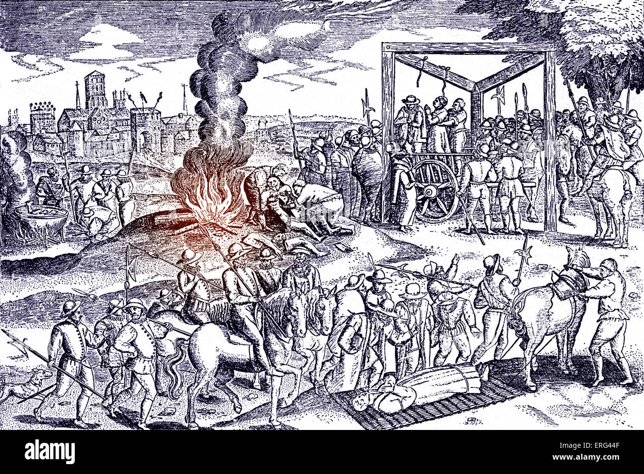 El ahorcamiento de los Protestantes en Inglaterra durante el reinado de María, Reina de los Escoceses, el 8 de diciembre de 1542 - 8 de febrero de 1587. Tintados Foto de stock