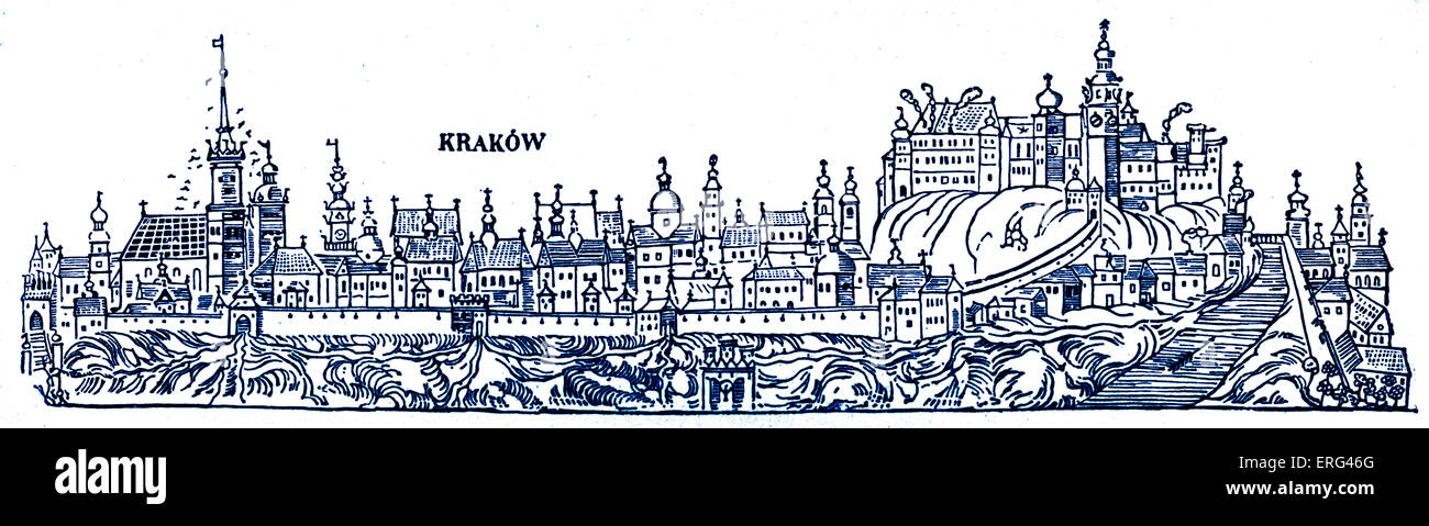 Cracovia. Del siglo XVI, vista de la ciudad. Polonia. Versión de tintado. Foto de stock