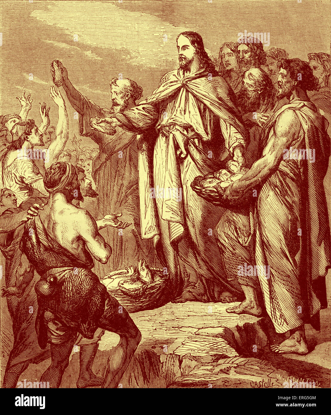 El milagro de los panes y los peces. Biblia, Mateo XV, 36 "Y él tomó