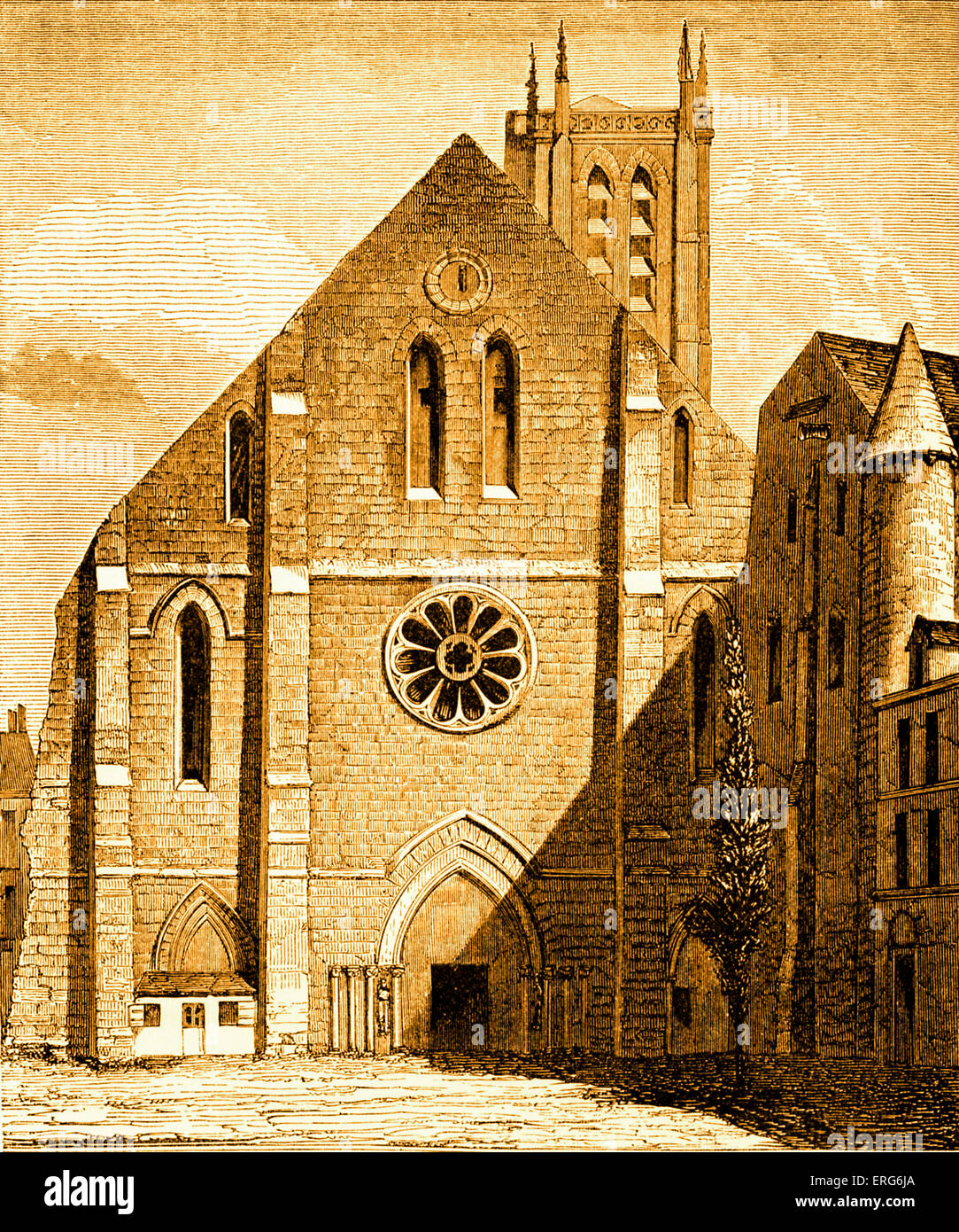 Iglesia de la abadía de Sainte Geneviève, vista delantera. Fundada por Clovis y reconstruido a partir de los siglos XI y XIII. Estado del edificio antes de su destrucción a finales del siglo pasado. Foto de stock