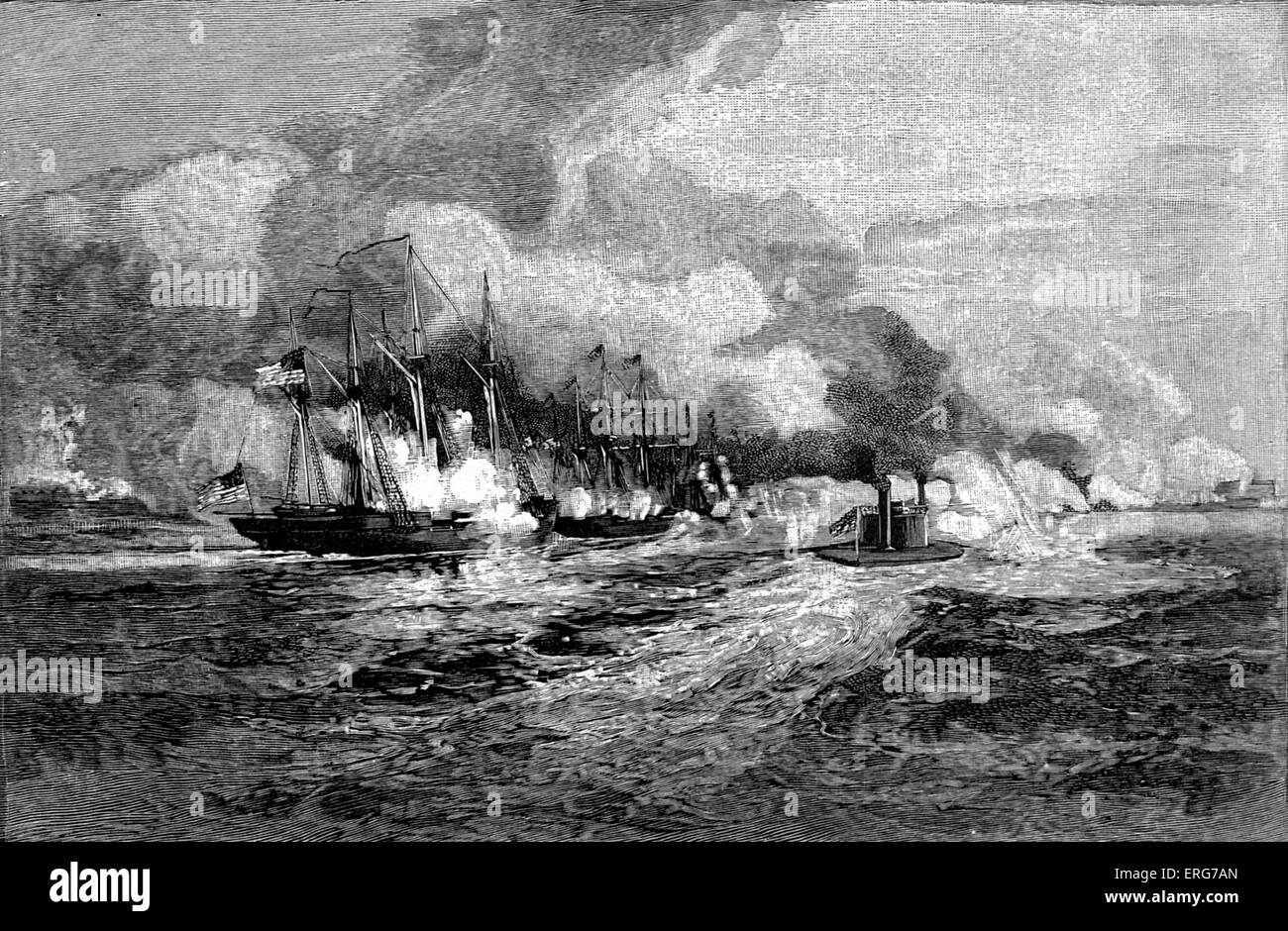La batalla de Mobile Bay, el 5 de agosto de 1864, a partir de un boceto de guerra. La Guerra Civil Americana. La batalla resultó en la flota europea Foto de stock