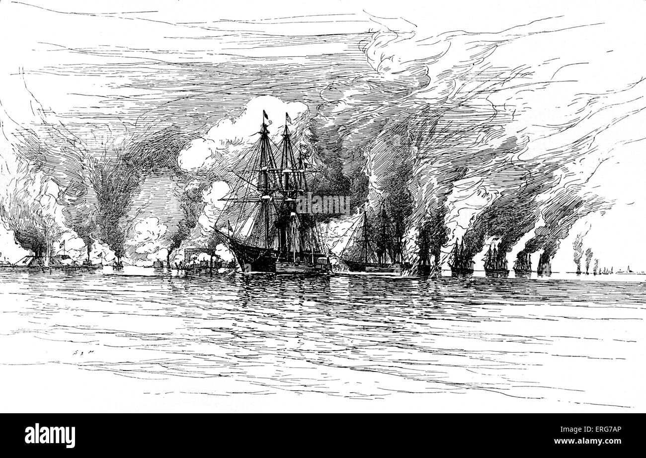 La batalla de Mobile Bay, el 5 de agosto de 1864, a partir de un boceto de guerra. La batalla resultó en la unión de la flota el incapacitante. Foto de stock