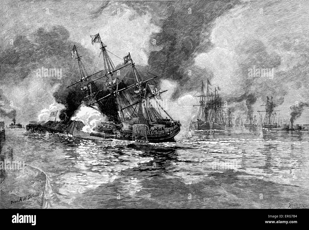 USS Hartford colisionando con CSS Tennessee en la batalla de Mobile Bay el 5 de agosto de 1864, tras una guerra de boceto. American Civil Foto de stock