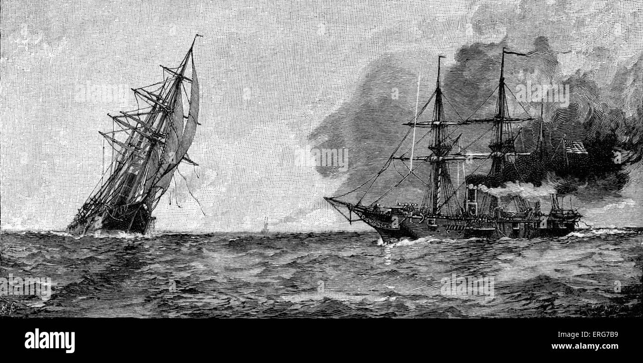USS Kearsage preparando el rastrillo CSS Alabama en la batalla de Cherburgo en 1864. La Guerra Civil Americana. CSS Alabama había capturado o Foto de stock
