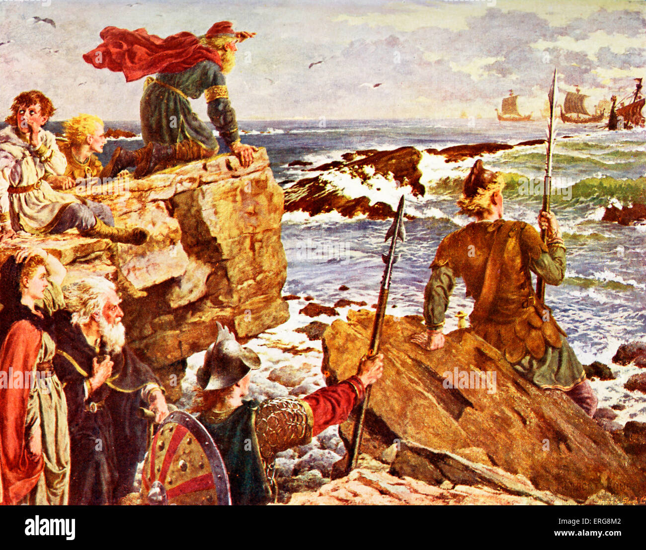La conquista vikinga de Inglaterra e Irlanda - los barcos vikingos navegando hasta el Canal de la Mancha, 877. Desde la pintura por Herbert A. Hueso Foto de stock