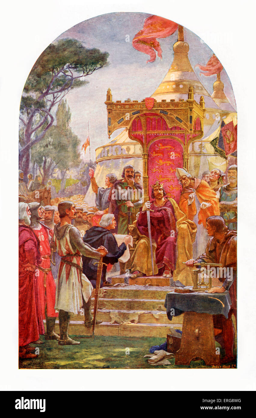 El rey Juan la concesión de la Carta Magna de 1215. Desde la ilustración por Ernest Normand. Se exigía que el rey para respetar el derecho de su Foto de stock