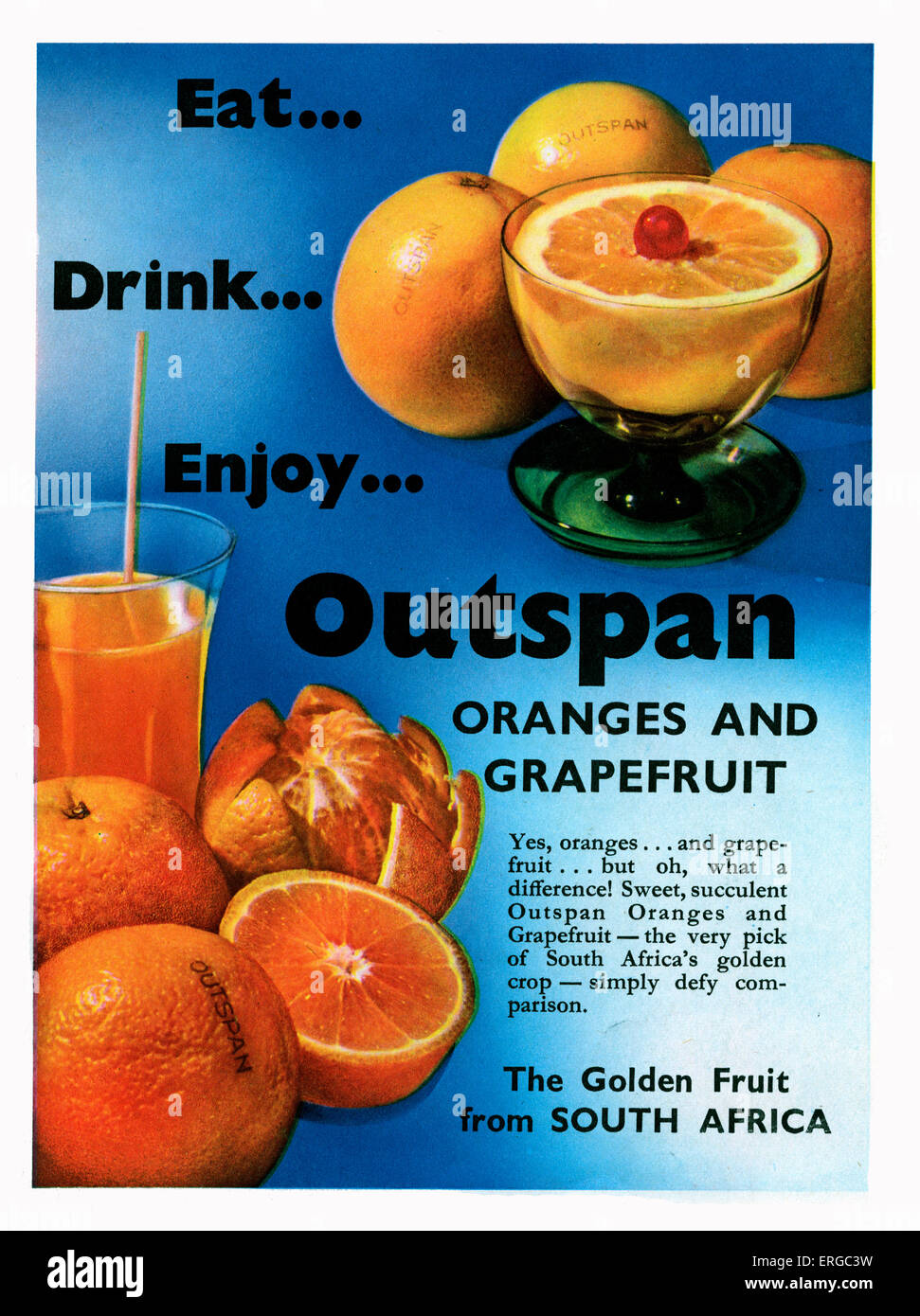 Anuncio para Outspan naranjas y pomelos, 1950. Título:' Comer..beber..Disfrute.. Las naranjas y las toronjas Outspan…TheGolden Foto de stock