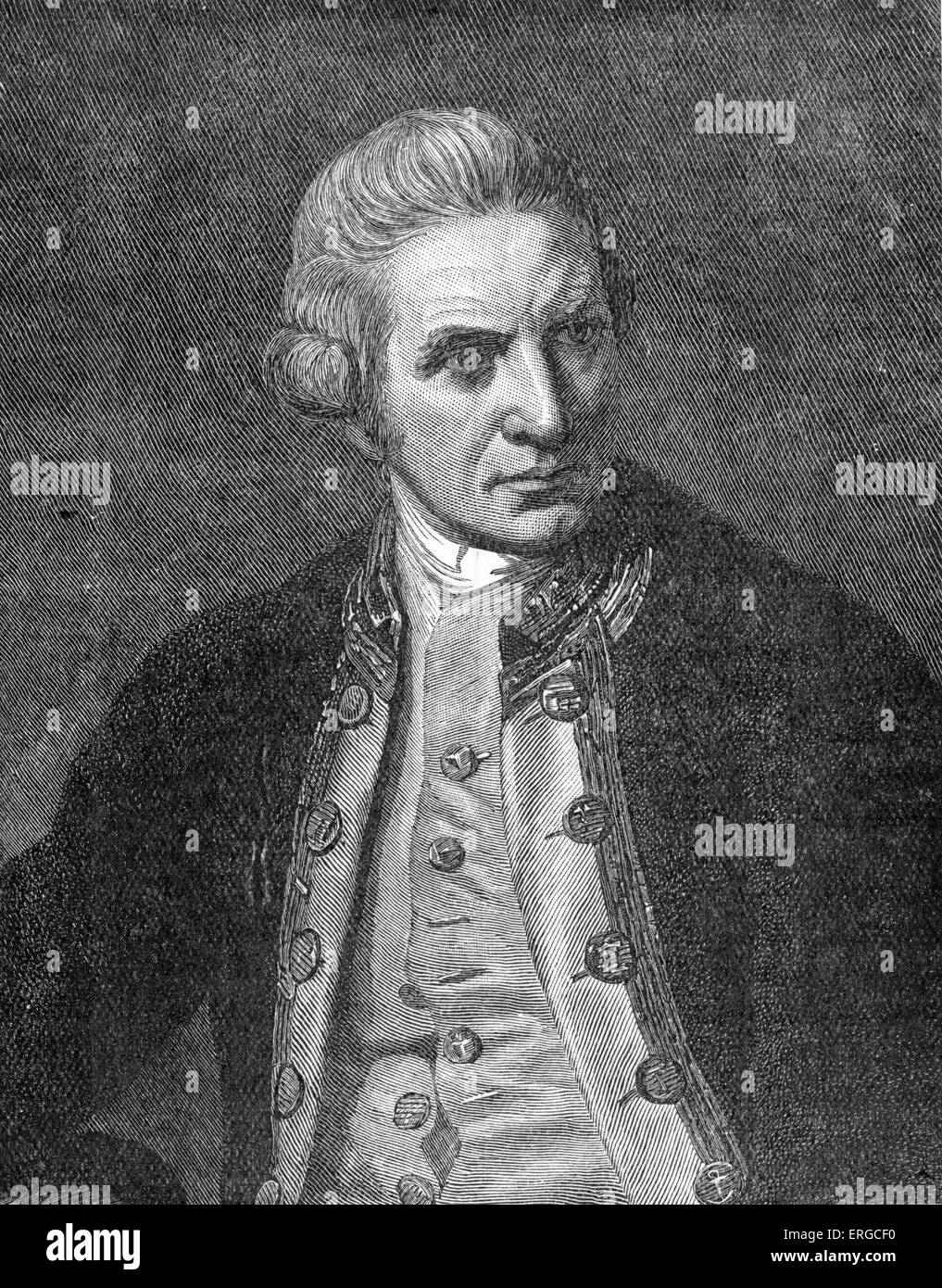 El Capitán James Cook - retrato después de N. la danza. Inglés explorador, navegante y cartógrafo, Capitán de la Marina Real: 7 Foto de stock
