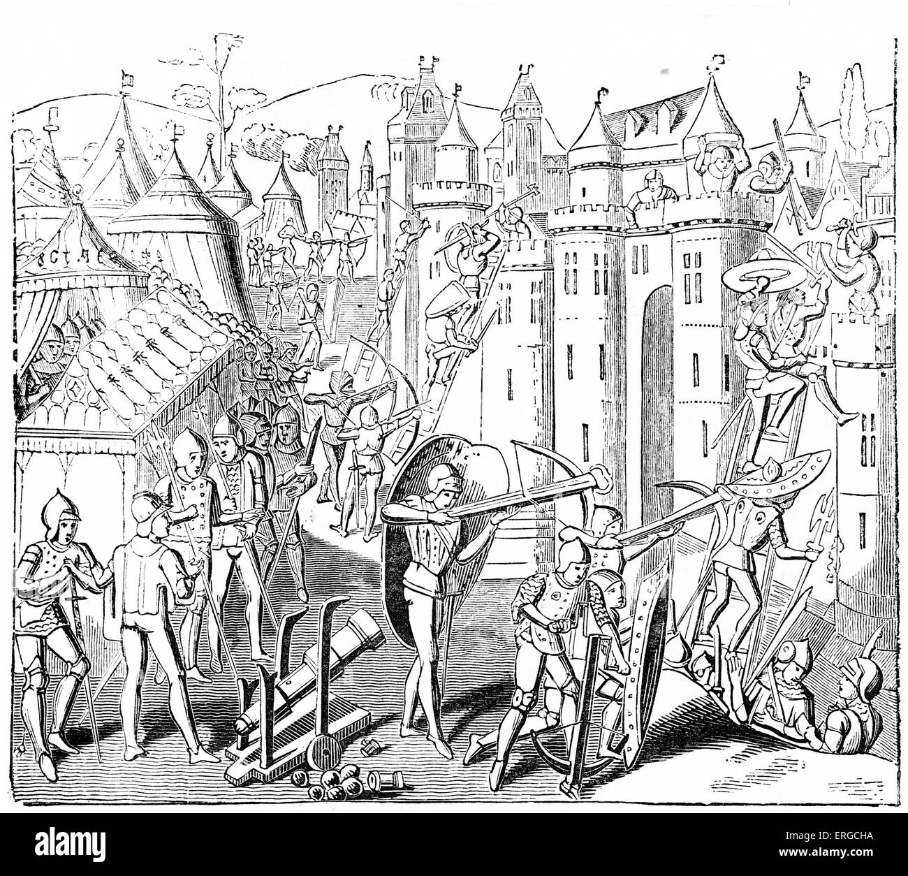 Asalto a Fort - 12th siglo. Con canon y arqueros ascendiendo una pared de castillo. Desde grabado basado en el manuscrito iluminado Foto de stock