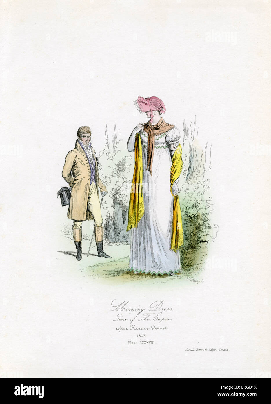 Vestirse por la mañana durante la época del Imperio, 1807 - desde el grabado por pulidor Pauquet después de Horace Vernet. El Imperio Francés Foto de stock